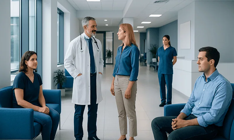 Medical consultation at Acibadem Hospital with doctors and patients.