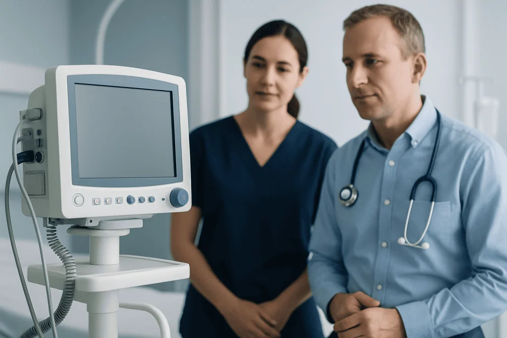 Doctors reviewing medical data on a monitor in a hospital setting.