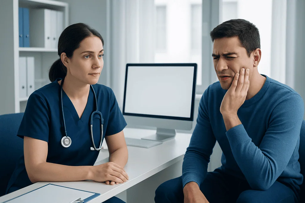 Patient consulting with a healthcare professional about dental pain.