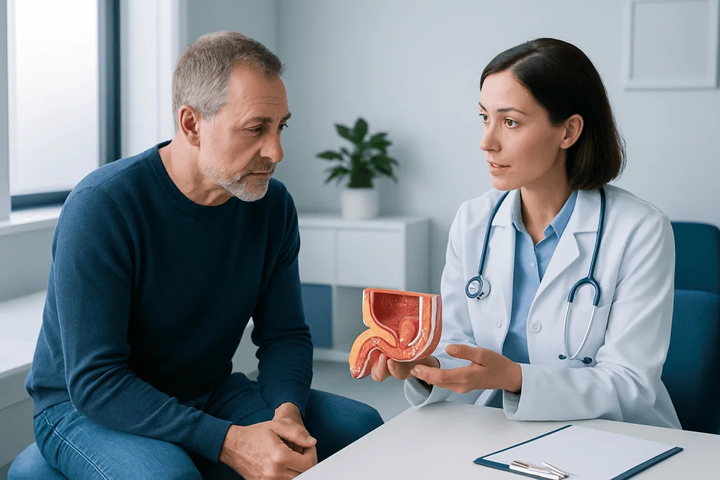Urologist explaining prostate health to a patient with a model of the prostate gland.