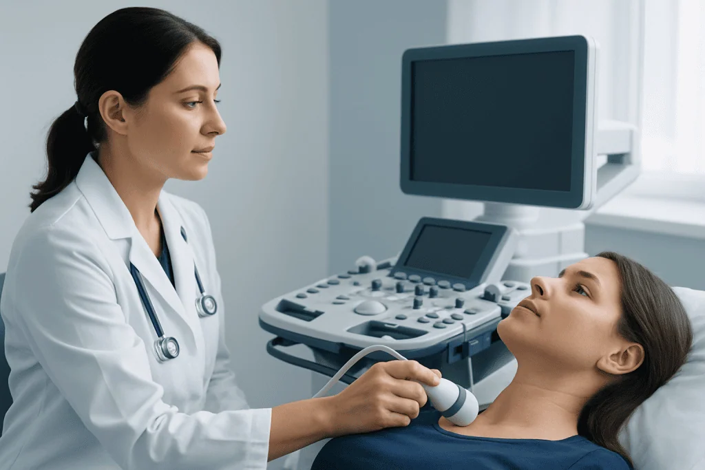 Doctor performing thyroid ultrasound on patient in medical clinic.