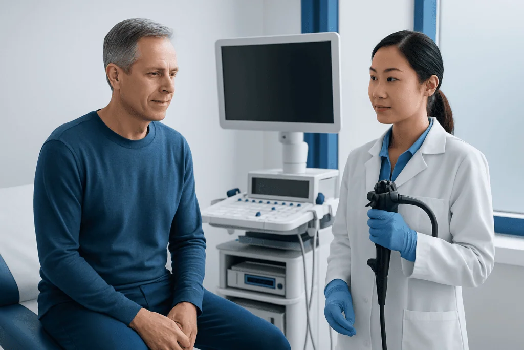 Doctor explaining digital rectal exam to male patient in clinic.