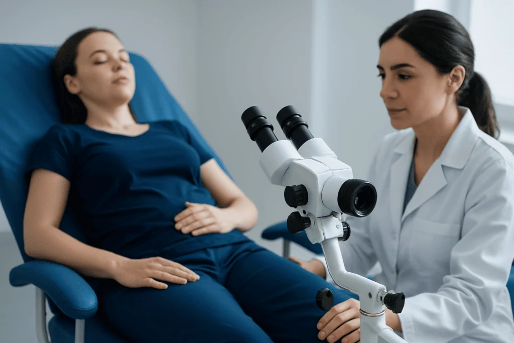 Doctor preparing for rectovaginal exam with patient using microscope.