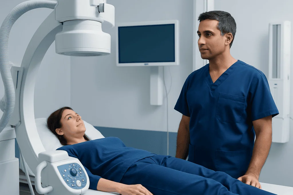 Medical professional preparing for a diagnostic procedure in a hospital room.