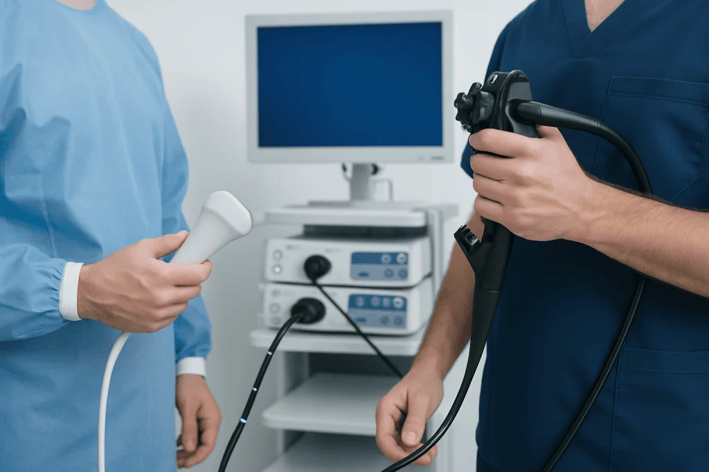 Medical professionals preparing for a colonoscopy procedure in a clinical setting.
