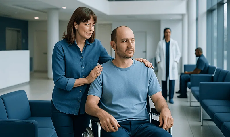 Patient in wheelchair with caregiver in hospital lobby.