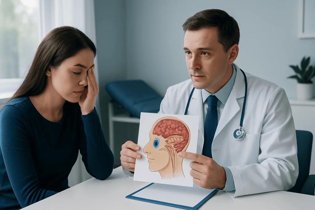 Doctor explaining brain anatomy to a patient with concussion symptoms.