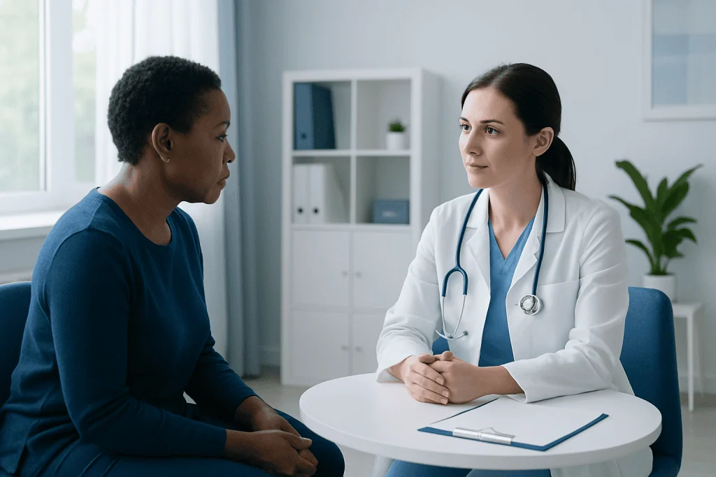 Doctor consulting with patient in a modern medical office.