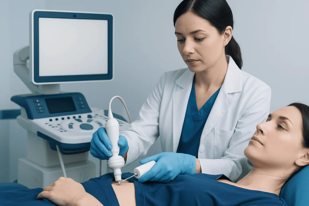 Medical professional performing core needle biopsy on patient in hospital.