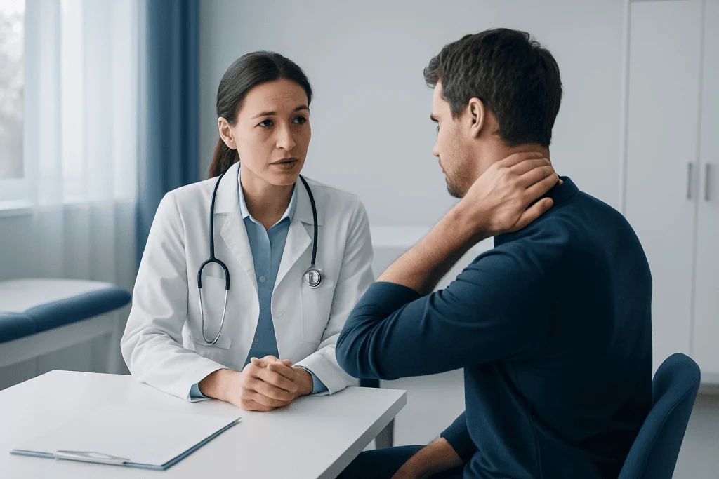 Doctor consulting with a patient about neck pain in a medical office.