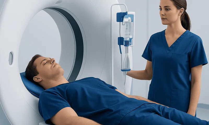 Patient undergoing a CT scan in a medical facility with healthcare professional present.