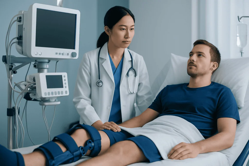 Doctor consulting patient with knee injury in hospital room.