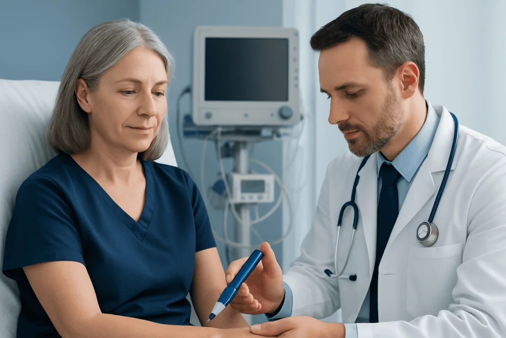 Doctor explaining medication to an older female patient in a hospital setting.