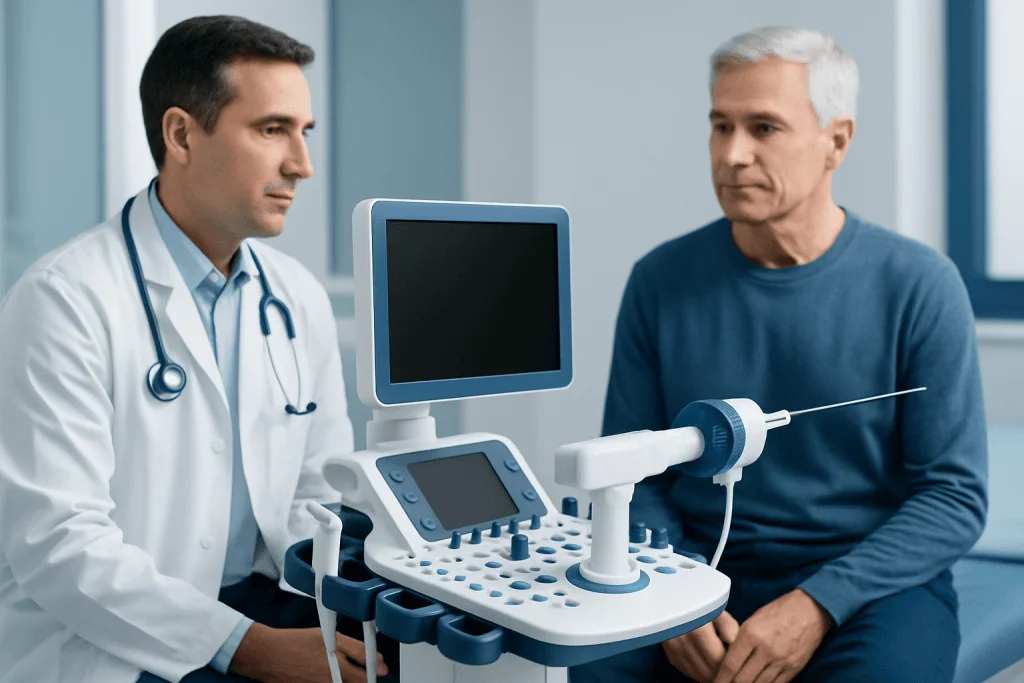 Doctor explaining prostate biopsy procedure to patient in a hospital room.