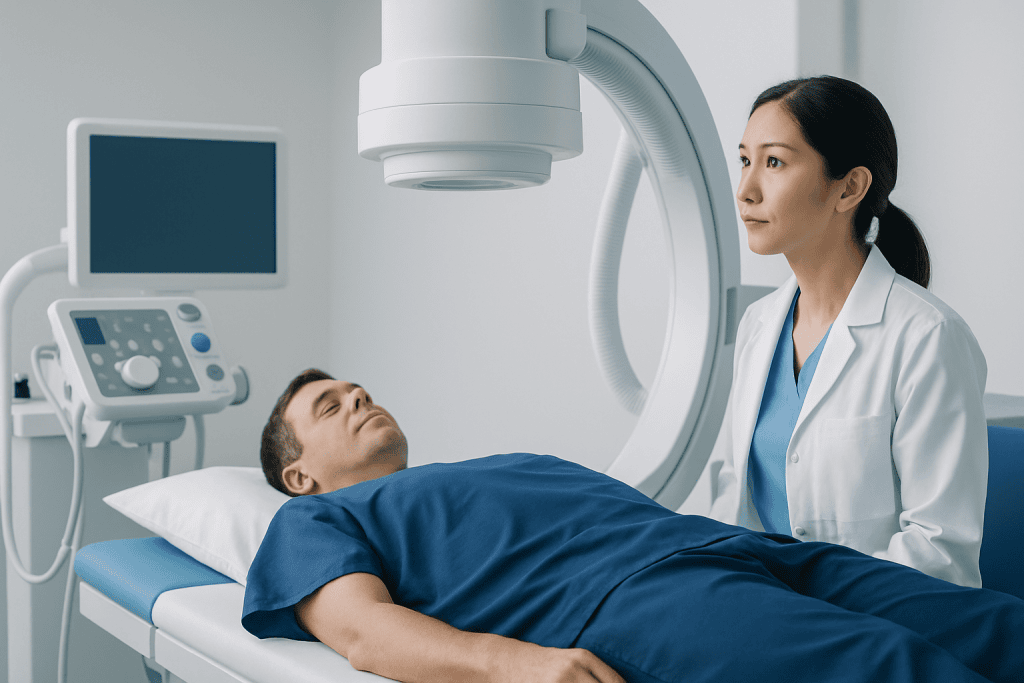 Medical professional prepares patient for imaging procedure at Acibadem Hospital.