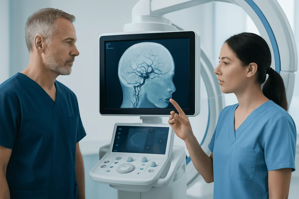 Medical professionals review brain scan images in a hospital setting.