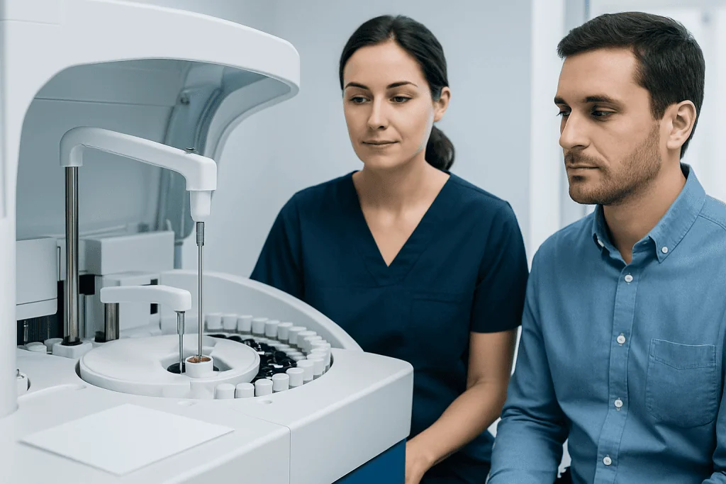 Medical professionals operate a diagnostic machine in a clinical setting.