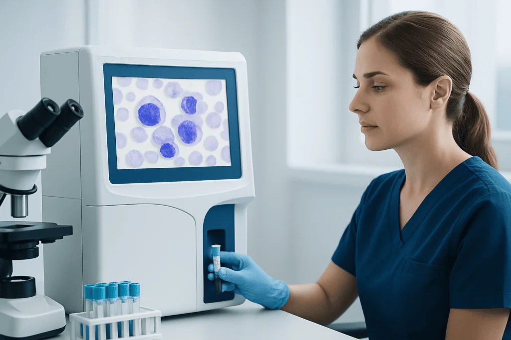 Laboratory technician analyzing blood sample on digital microscope screen.