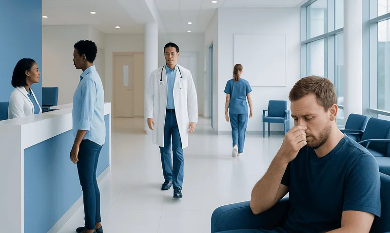 Health Library 18 Patient with nasal issues in a hospital waiting area.