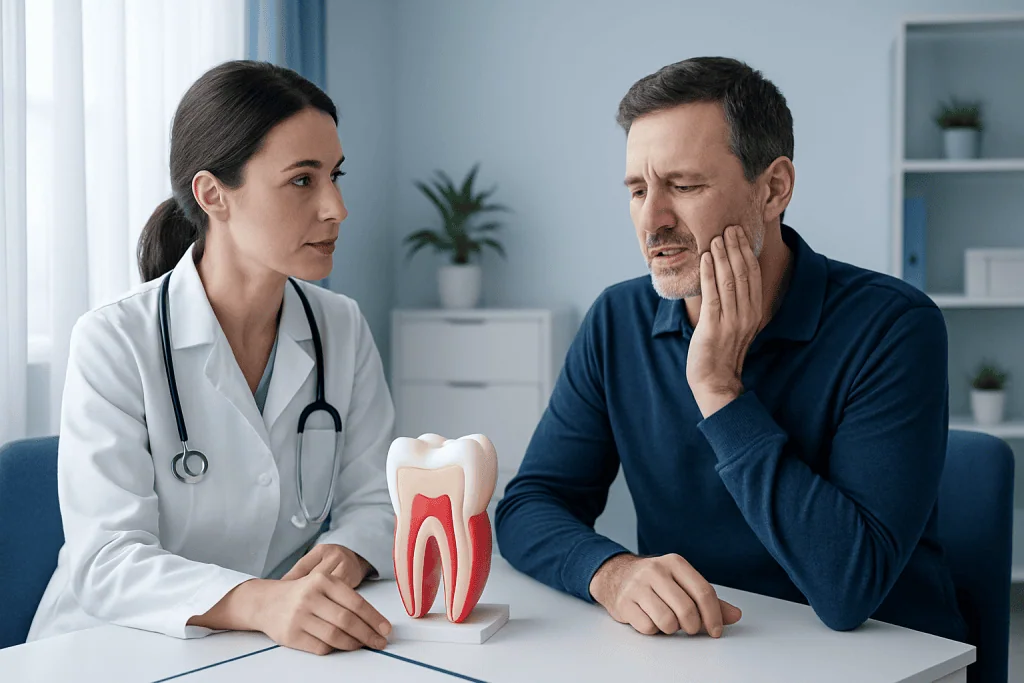 Dentist explaining tooth health to a patient with a model tooth.