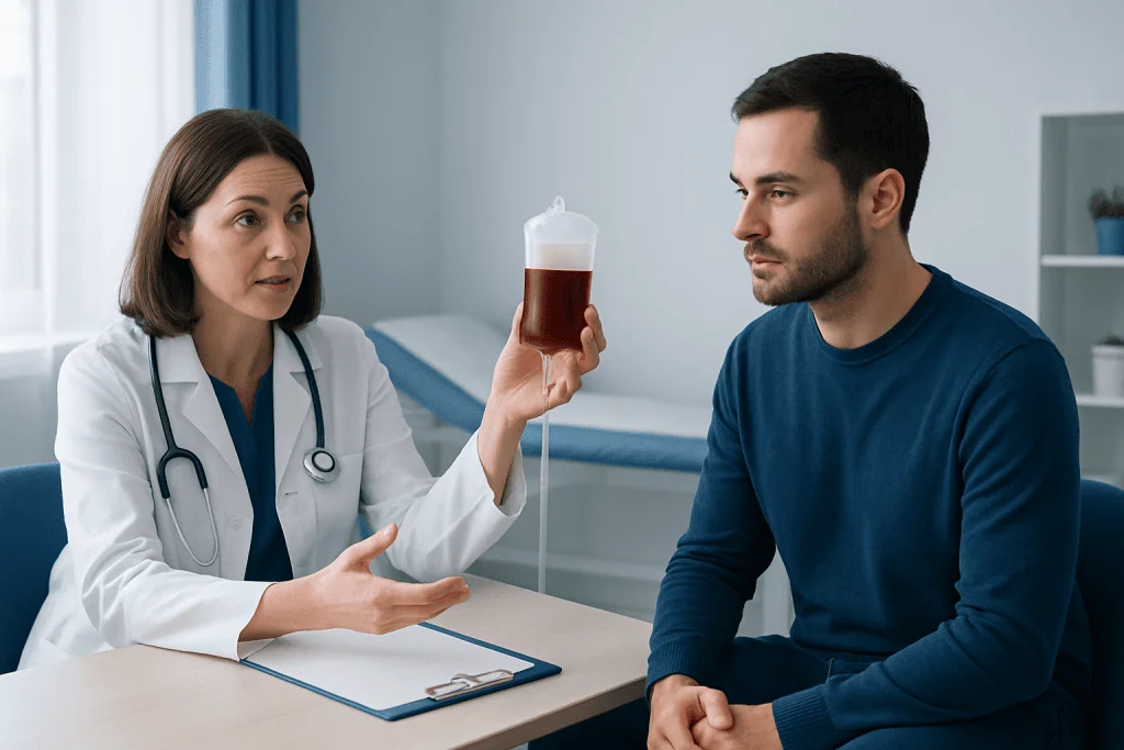 Doctor explaining blood donation details to a patient in a hospital room.