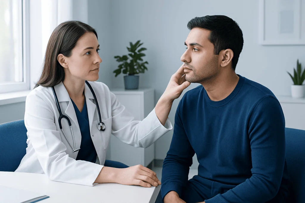 Doctor examining a patient's preauricular lymph node during consultation.