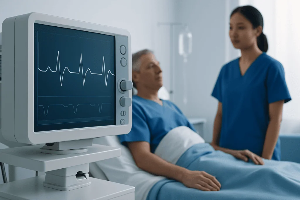 Hospital patient monitoring with ECG display in a clinical setting.