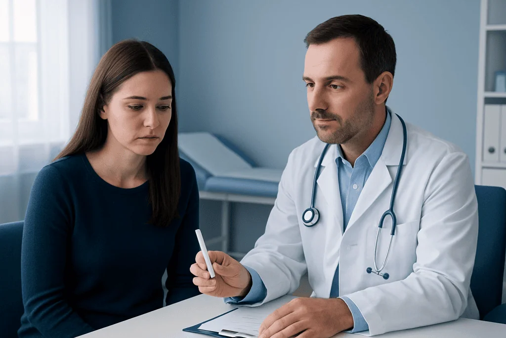 Doctor discussing test results with a young woman in a medical office.