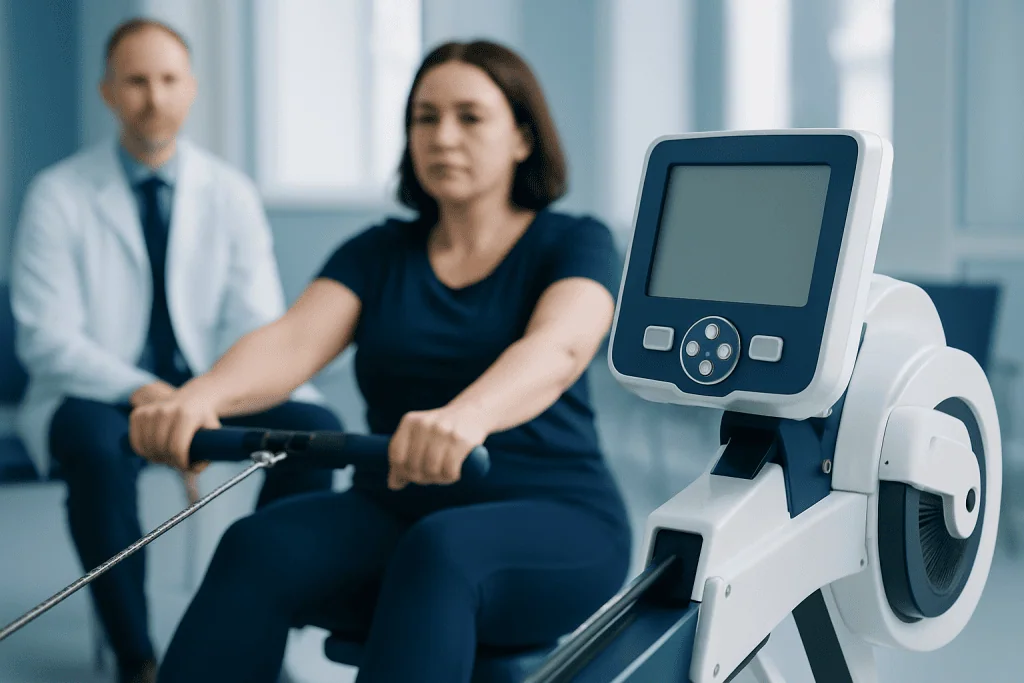 Woman using rowing machine during medical assessment at Acibadem Hospital.