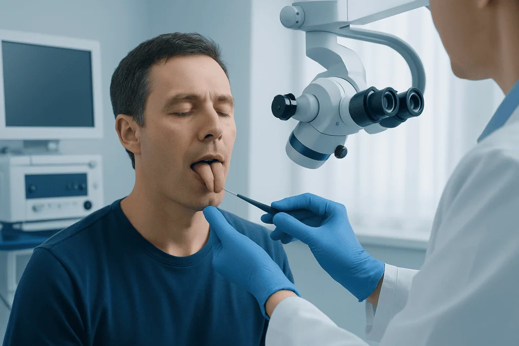 ENT doctor examining patient's tongue with a microscope in a clinical setting.