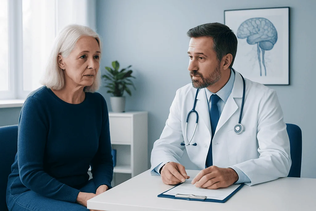 Doctor consulting with an elderly woman in a medical office.