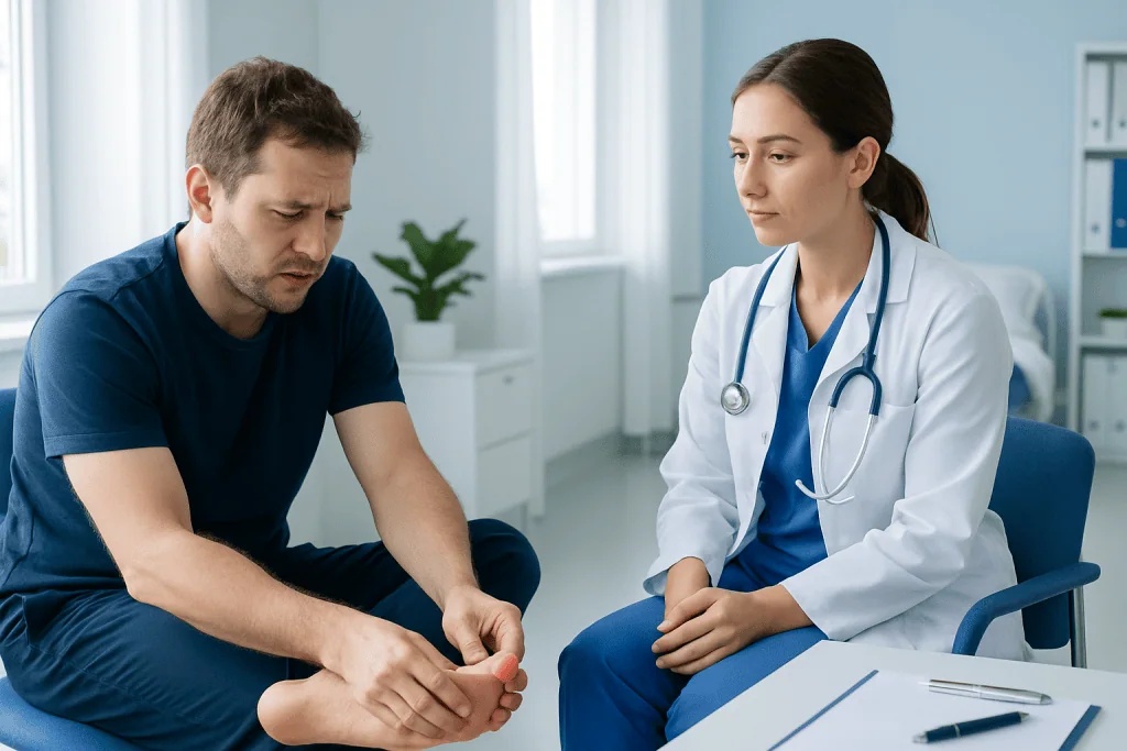 Patient with a stubbed toe consulting a doctor in a medical office.