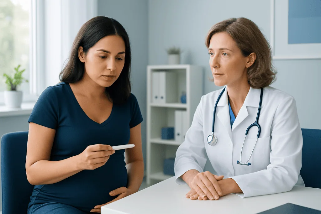 Pregnant woman consulting with a doctor in a medical office.