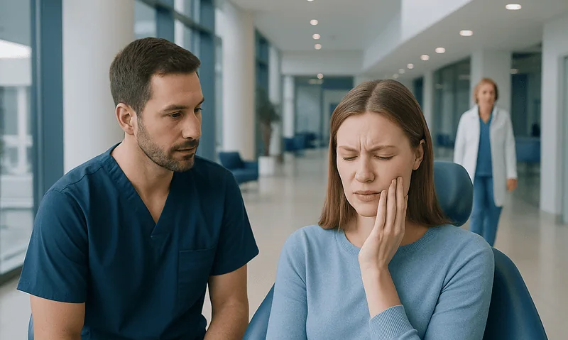 Patient experiencing tooth sensitivity during dental consultation at Acibadem Hospital.