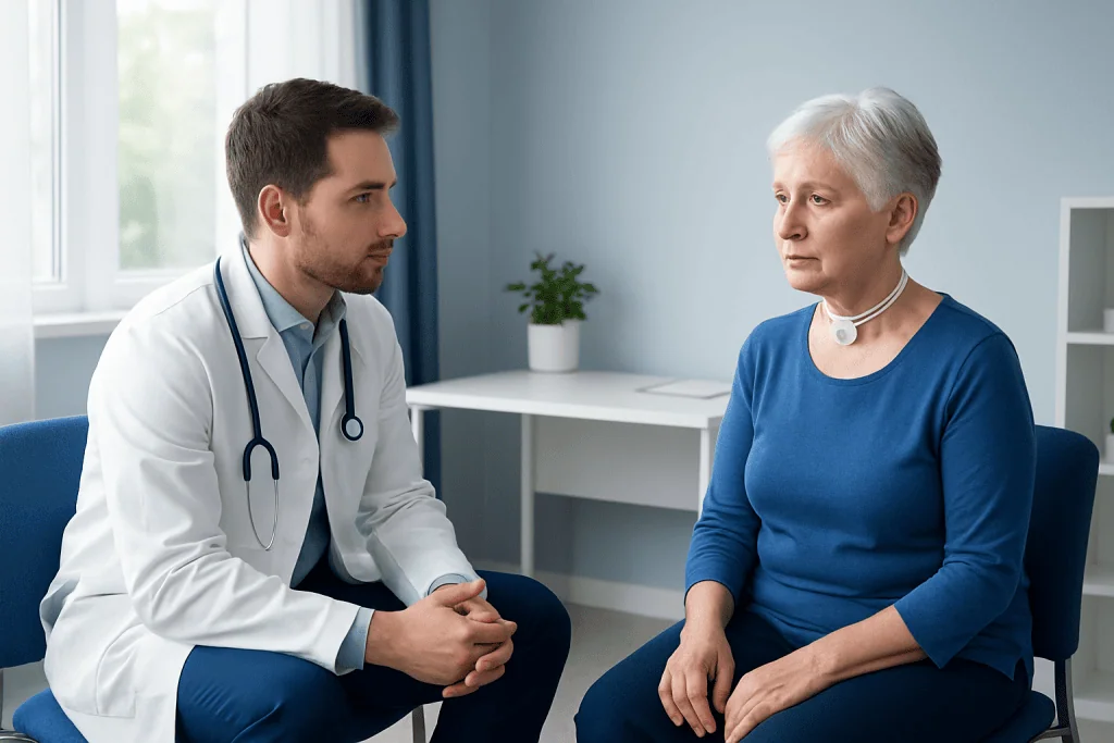 Doctor consulting with an elderly female patient in a medical office.