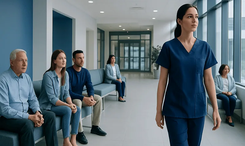 Healthcare professional walking past waiting patients in hospital corridor.