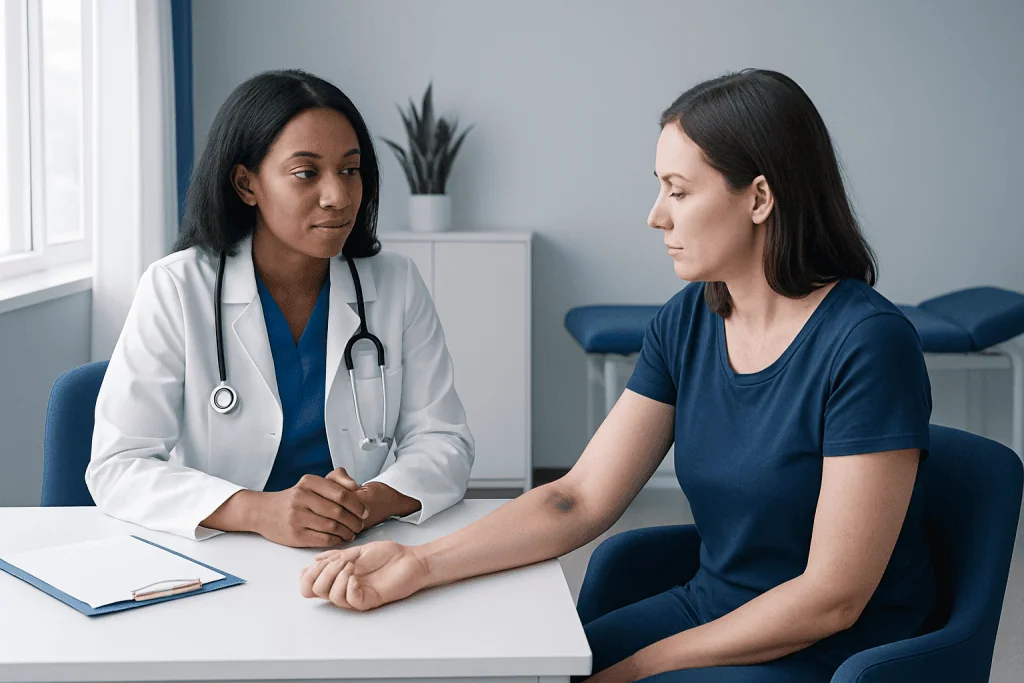 Doctor consulting patient about vein health in a clinical setting.