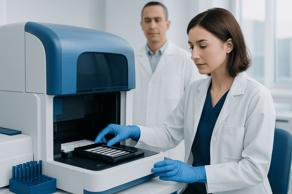 Laboratory technician preparing samples for Western Blot test at hospital.