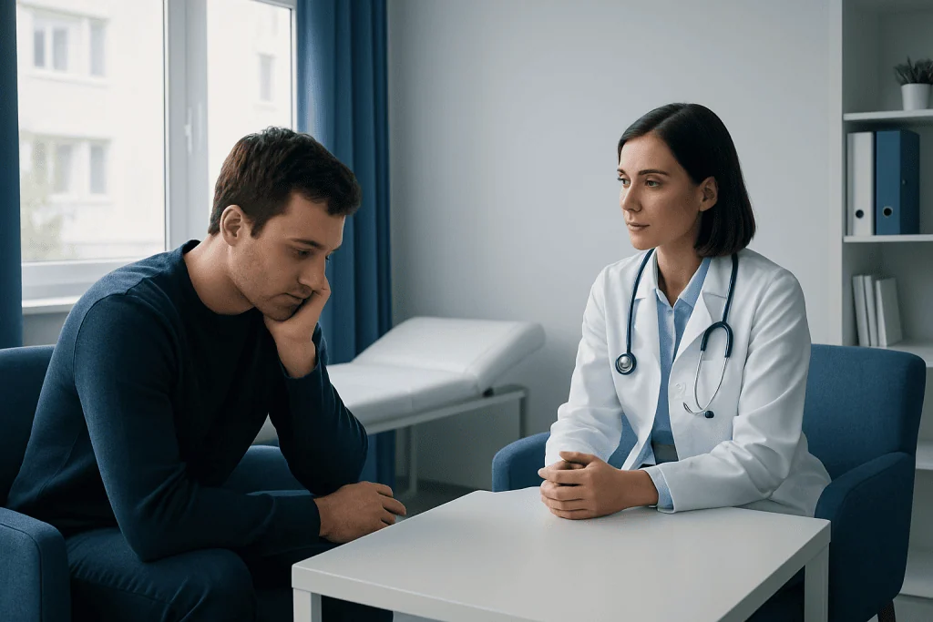 Doctor consulting with a patient in a medical office setting.