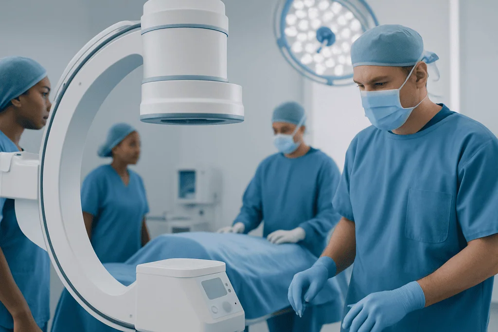 Surgeons performing a procedure in a modern operating room at Acibadem Hospitals.