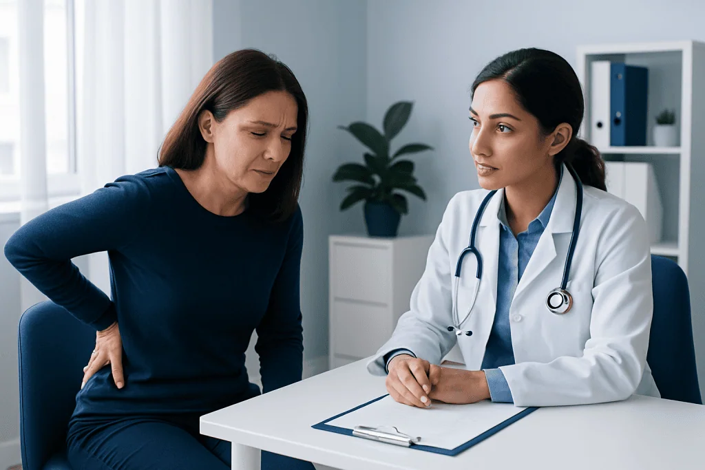 Doctor consulting with a patient about acid reflux and back pain.