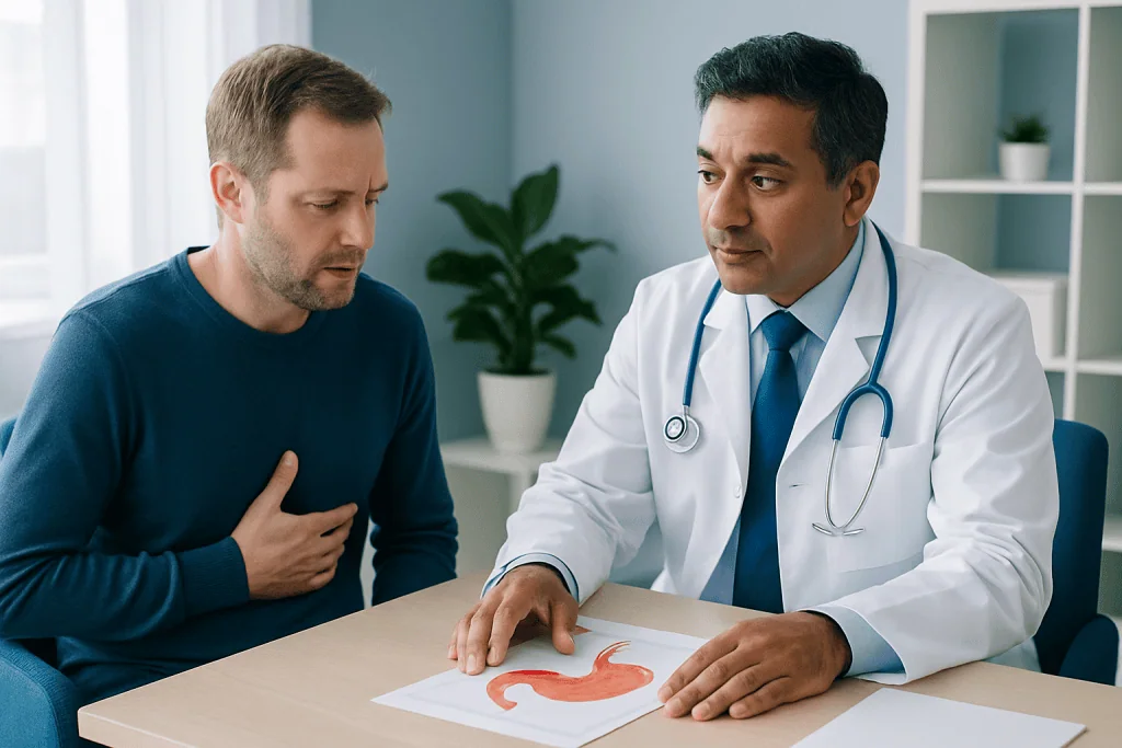 Doctor explaining stomach health to patient with stomach diagram.