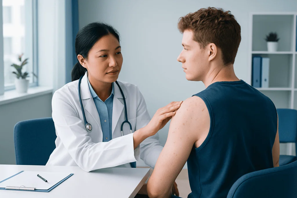 Doctor examining shoulder acne in a medical consultation room.