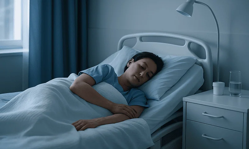 Young woman sleeping peacefully in a hospital bed with a bedside lamp on.