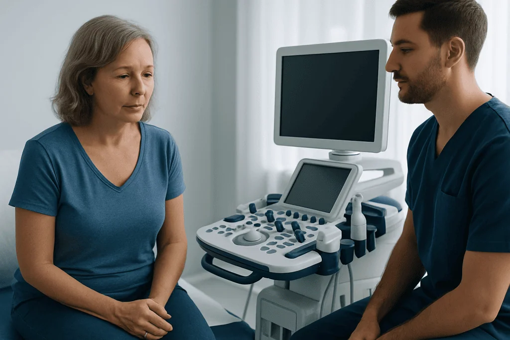 Doctor consulting a patient with ultrasound equipment in a clinic setting.