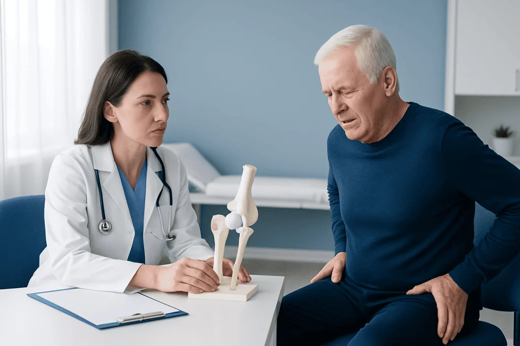 Orthopedic consultation for hip dislocation after hip replacement surgery.