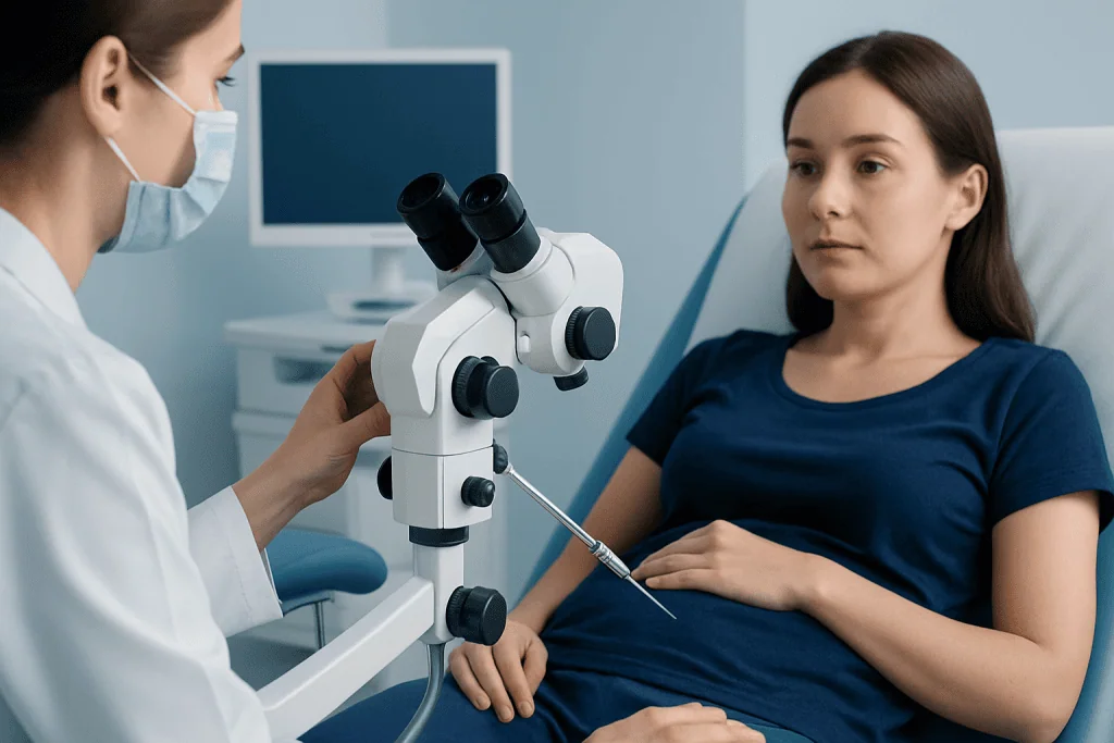 Gynecologist prepares for endometrial biopsy with a microscope in a clinical setting.