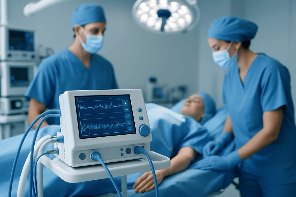 Medical team monitoring patient during childbirth in hospital.
