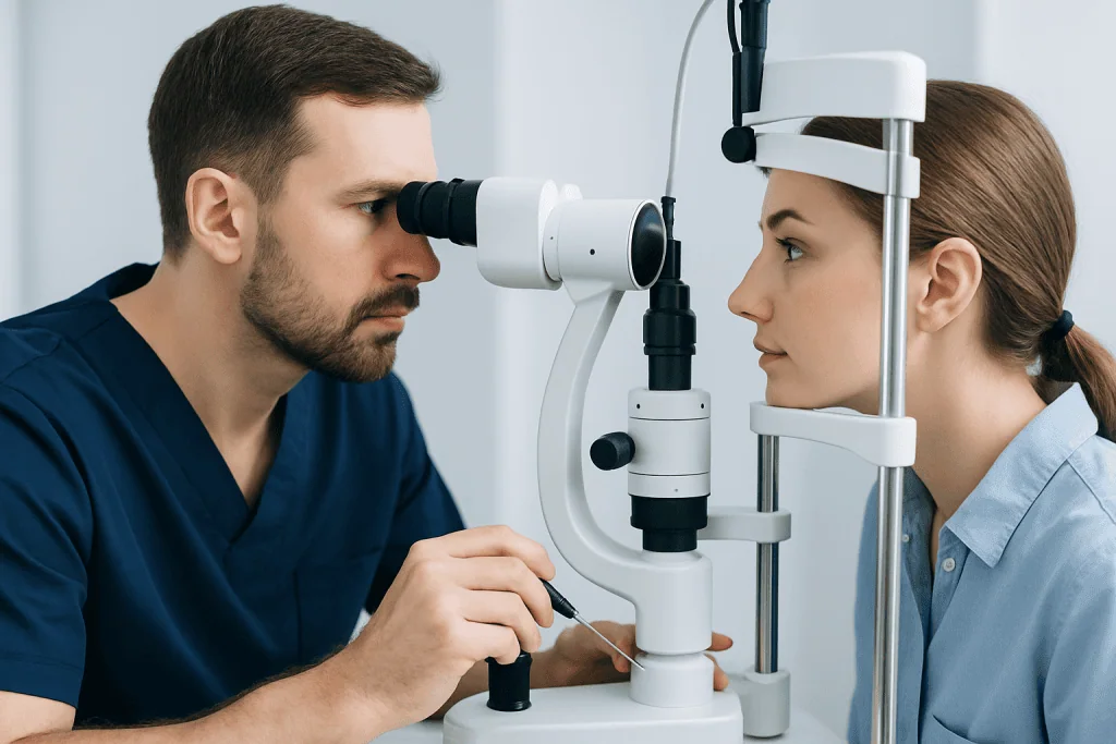 Ophthalmologist performing eye examination with slit lamp microscope.
