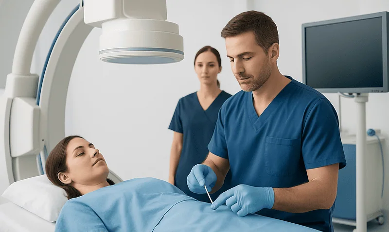 Doctor performing biopsy on patient in hospital setting.